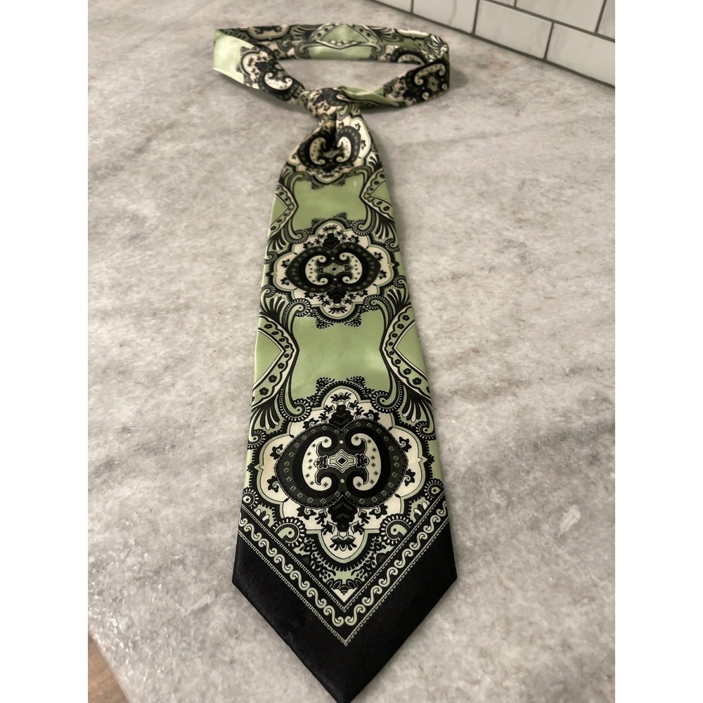 Karl Knox Tie Mens OS Green Paisley Medallion Baroque Formal Hand Made Necktie